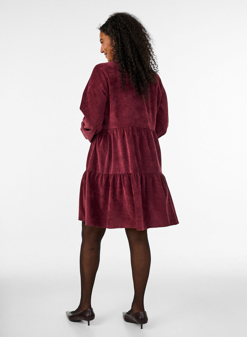 Corduroy dress with A-line shape and stand collar, Red, Model image number 2