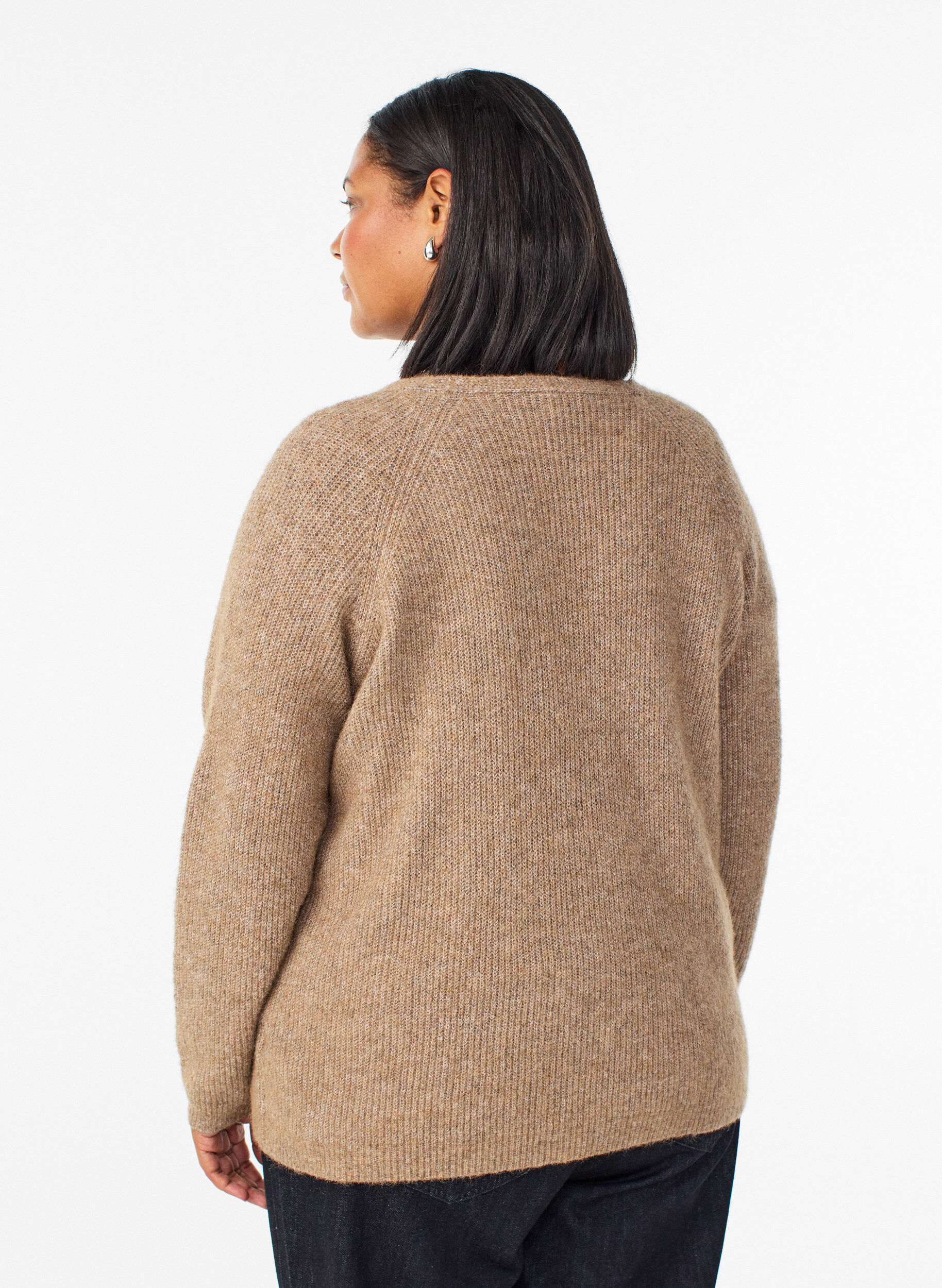 Zizzifashion Knitted blouse with V-neck and raglan sleeves, Brown, Model image number 2