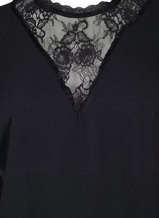 Short-sleeved blouse with lace, Black, Packshot image number 2