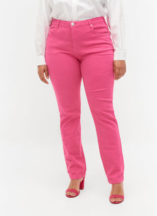 Emily jeans with normal waist and slim fit, Shock. Pink, Model image number 3