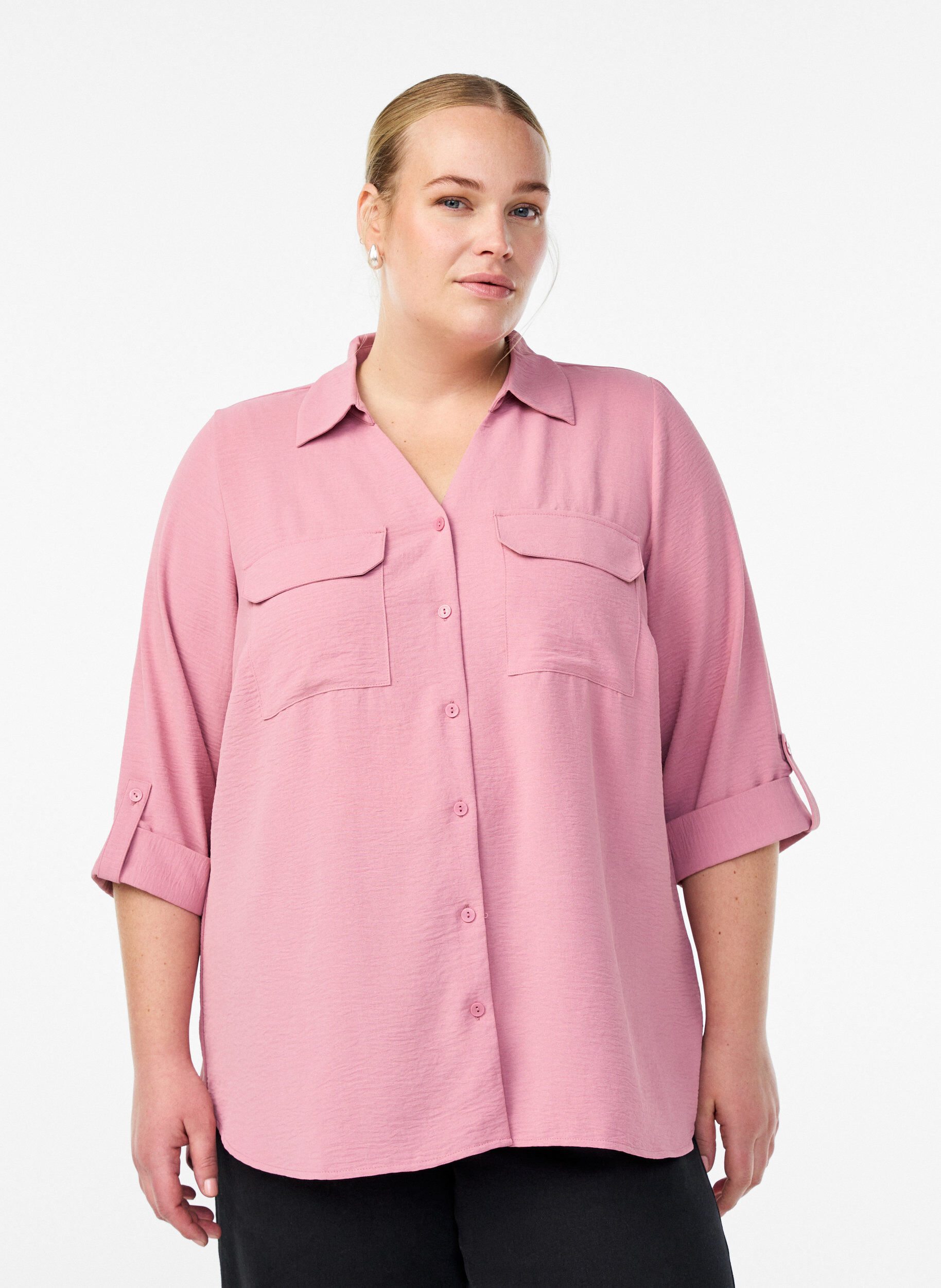 Zizzifashion Shirt with chest pockets and 3/4 sleeves, Rose, Model image number 0