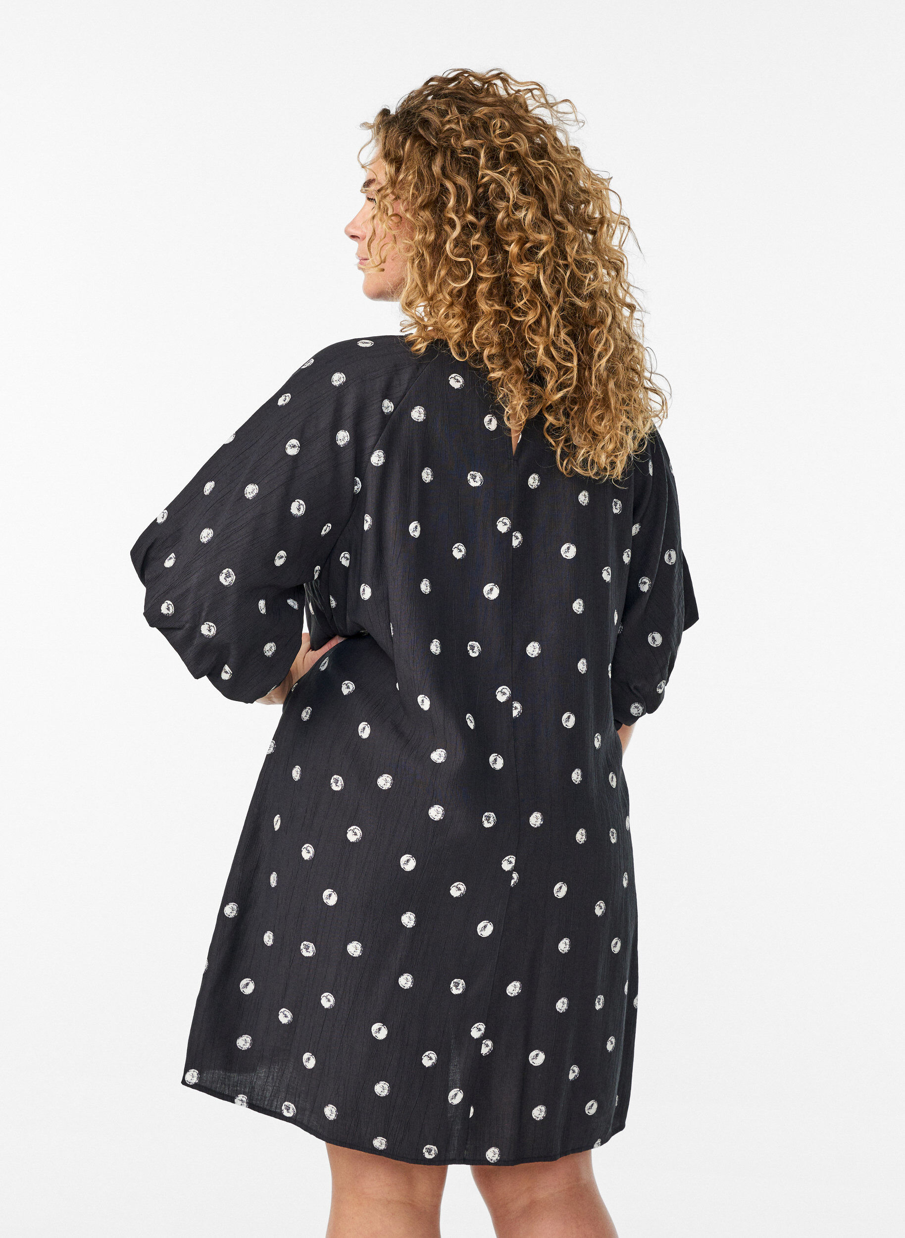 ZizzifashionShort viscose dress with balloon sleeves, Black, Model image number 2