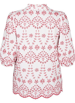 3/4 sleeve blouse with contrasting anglais embroidery, White w. Red, Packshot image number 1