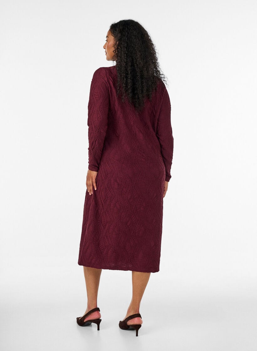 Midi dress with a wavy texture and long sleeves, Red, Model image number 1