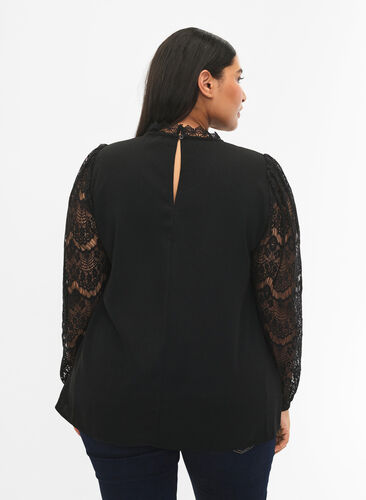 Long sleeve blouse with lace, Black, Model image number 1