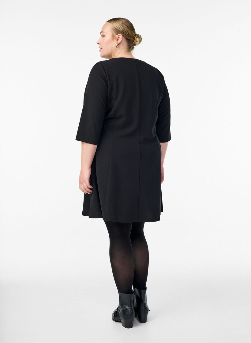 Short A-line jersey dress with 3/4 sleeves, Black, Model image number 2