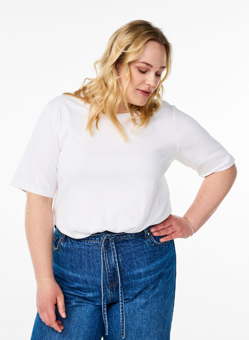 Ribbed jersey blouse with short sleeves, White, Model image number 0