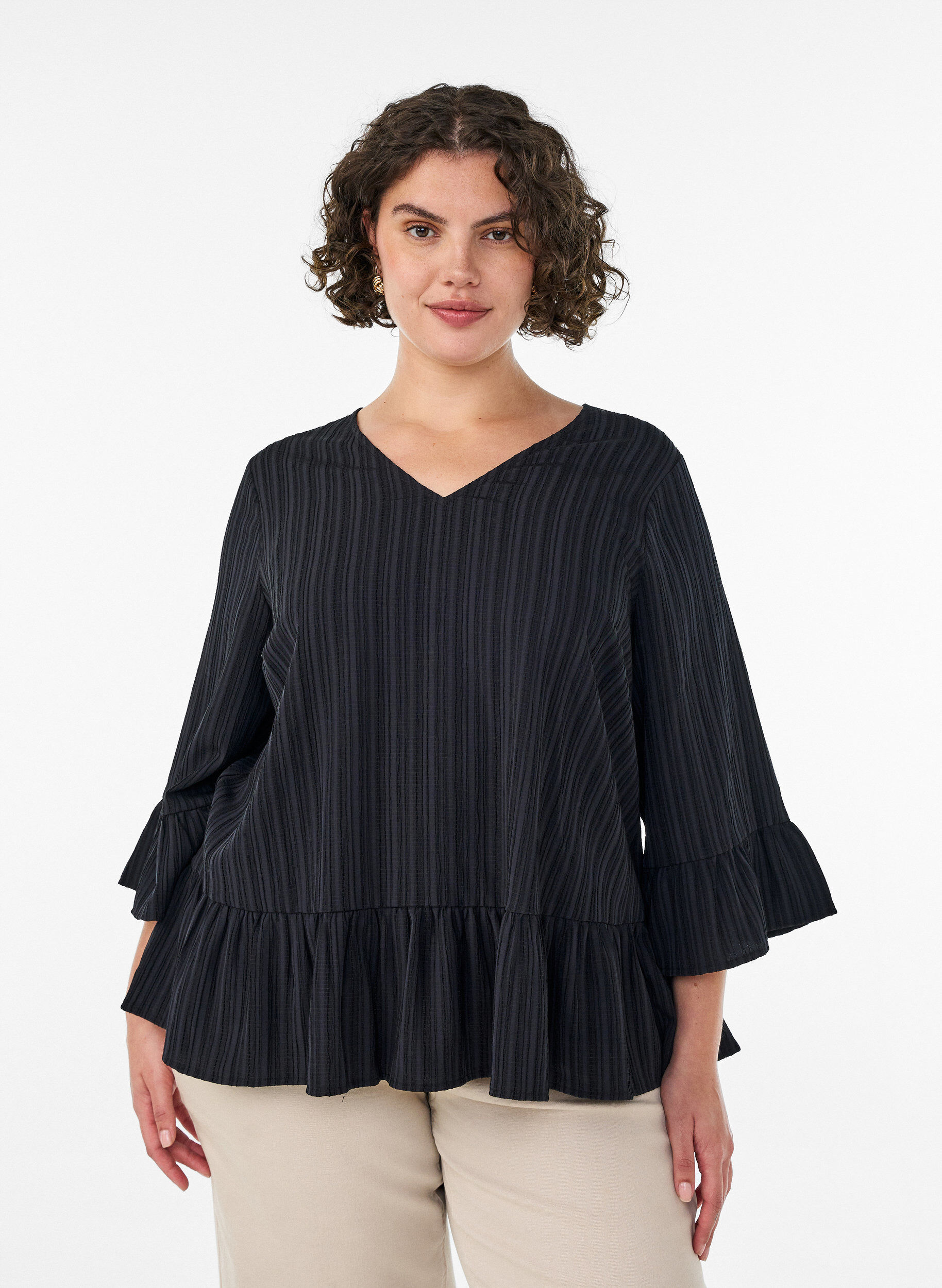 ZizzifashionBlouse with texture, V-neck and ruffles, Black, Model image number 0