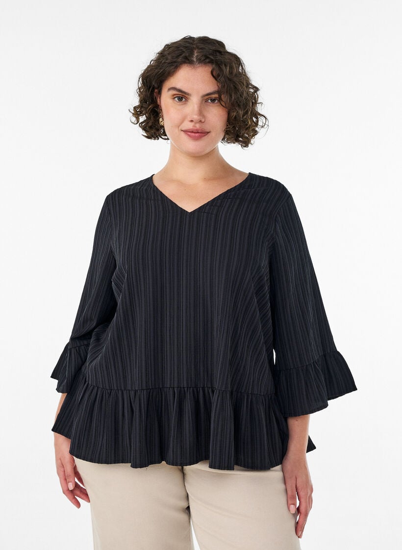 Blouse with texture, V-neck and ruffles, Black, Model image number 0