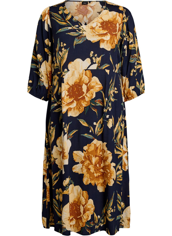 Midi dress with floral print and 3/4 sleeves, Blue, Packshot image number 0