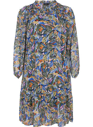 Colourful midi dress with smocking and long sleeves, Vibrant Leaf, Packshot image number 0