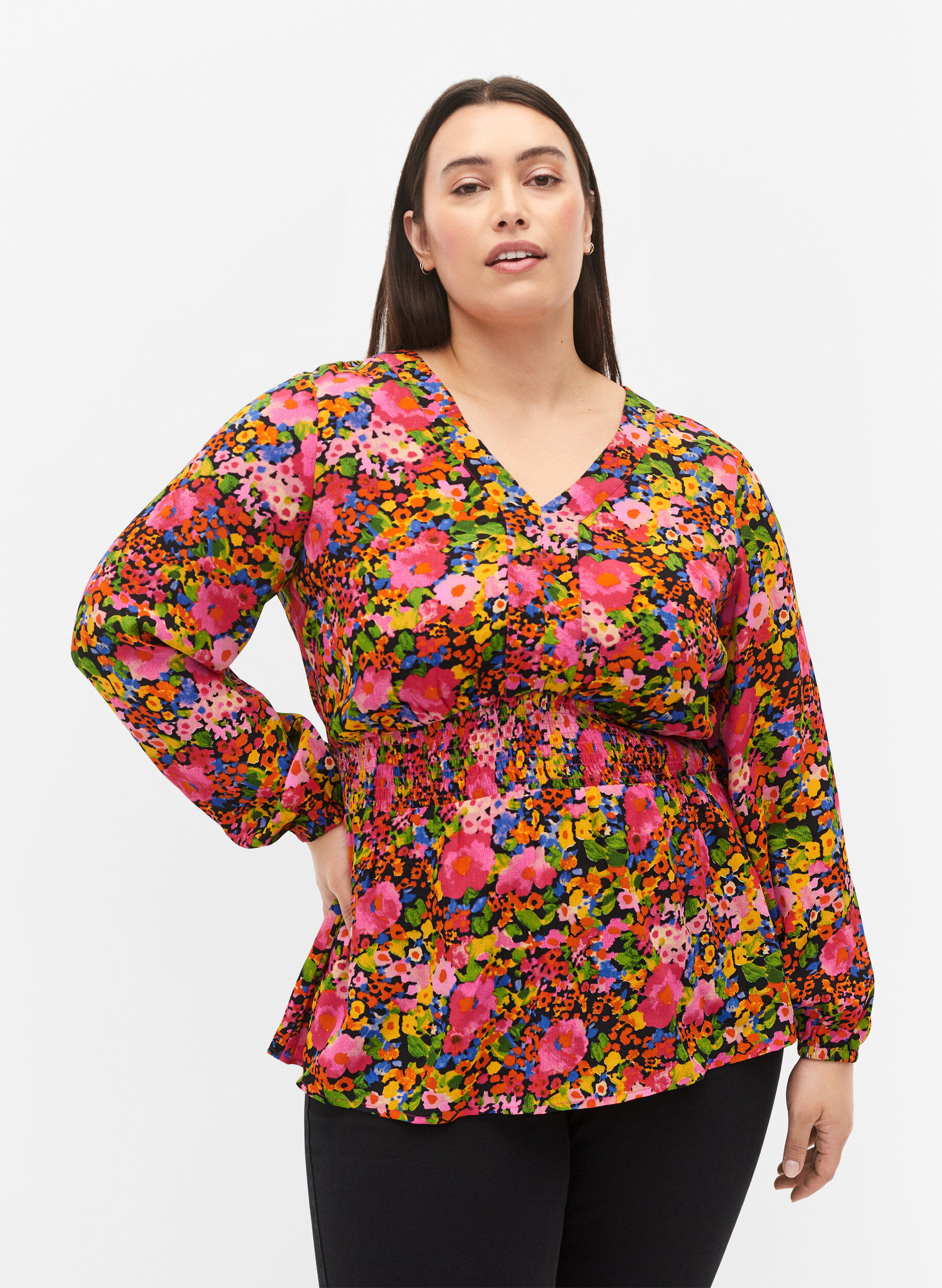 Viscose top with floral print and smock, Neon Flower Print, Model
