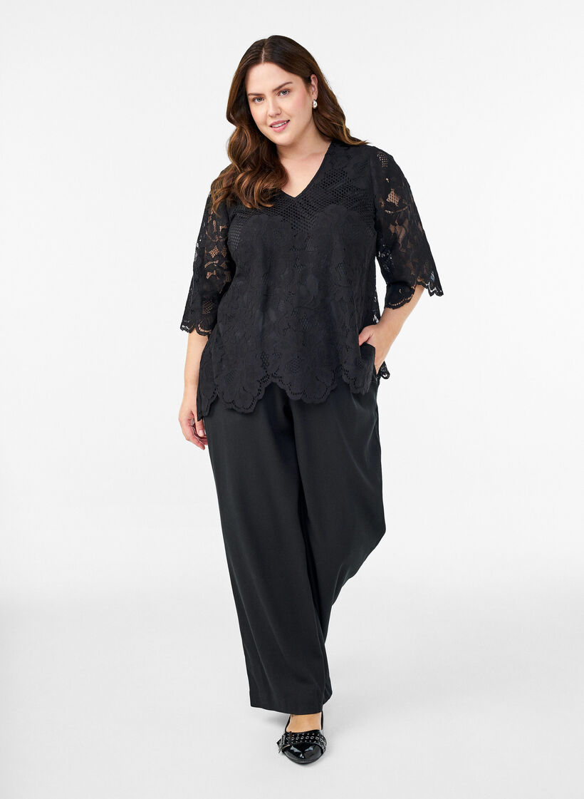 Lace blouse with V-neck and 1/2 sleeves, Black, Model image number 1