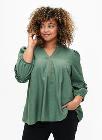 Blouse with ruffles, Duck Green, Model