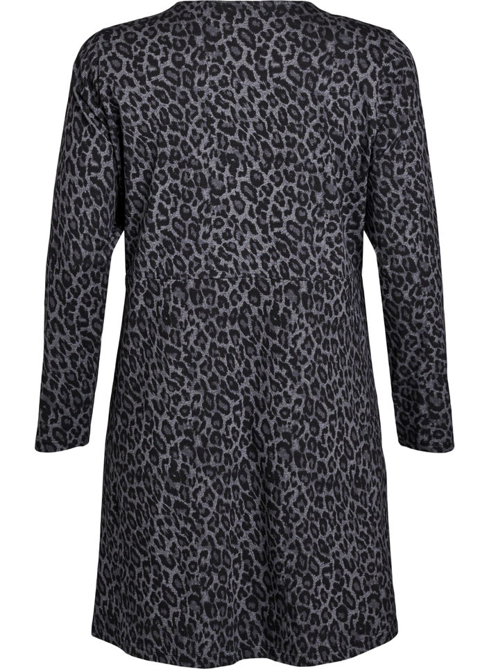 Long-sleeved dress with round neck and leopard print, Dark Grey Leo, Packshot image number 1
