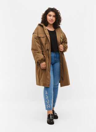 Windproof parka jacket with adjustable waist, Teak, Model image number 2
