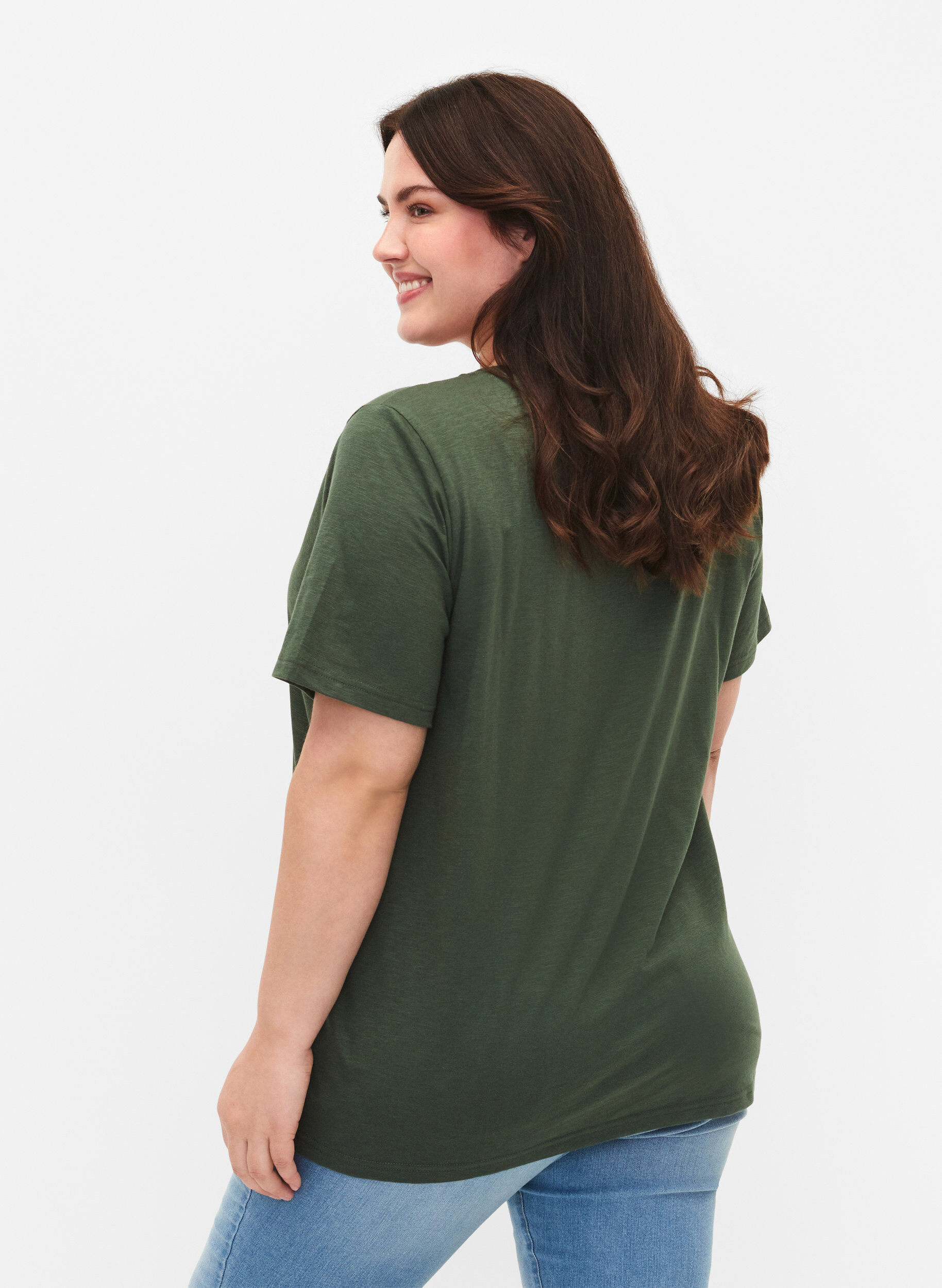 ZizzifashionShort-sleeved basic t-shirt with v-neck, Green, Model image number 2