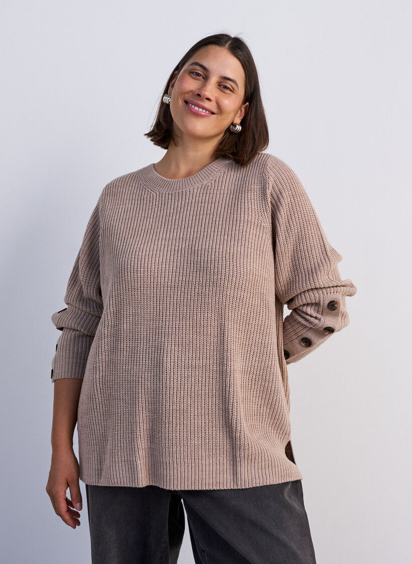 Knitted blouse with ribbed texture and button details, Beige, Model image number 0