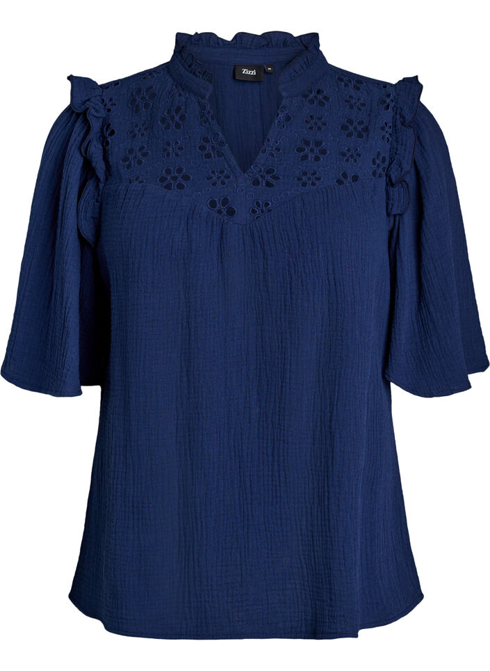 Blouse in cotton muslin with broderie anglaise and 1/2 sleeves, Blue, Packshot image number 0