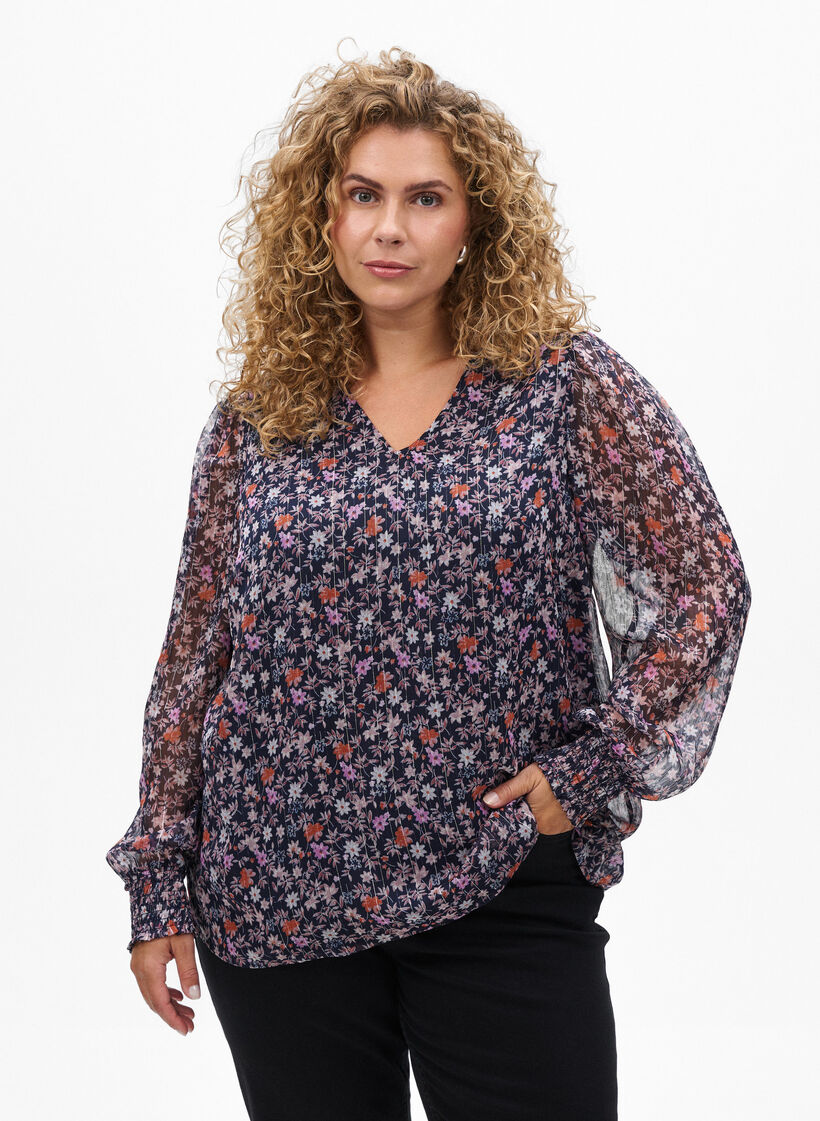 Blouse with floral print and glitter thread, Blue, Model image number 0