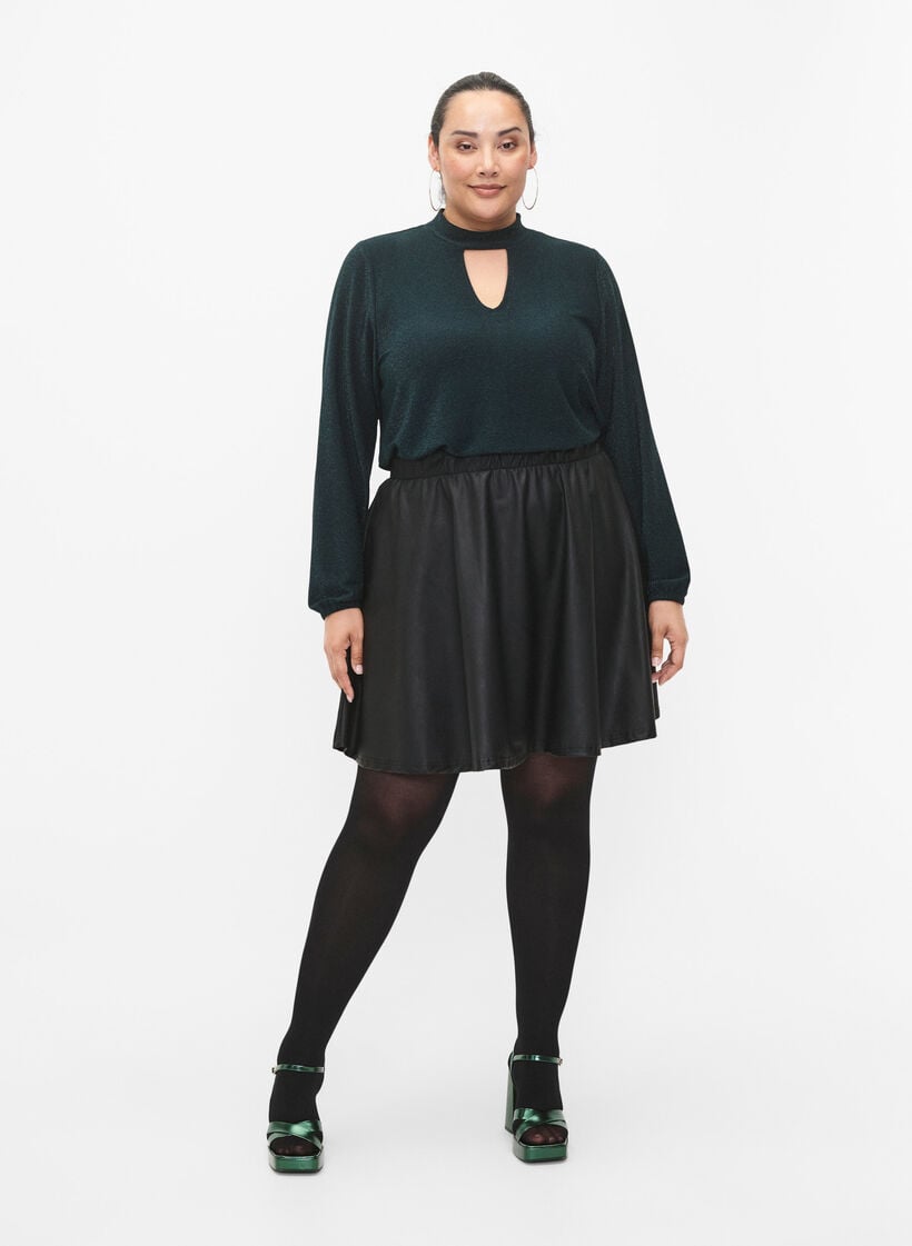 Long-sleeved glitter blouse with round neck and V-detail, Black Scarab, Model image number 3