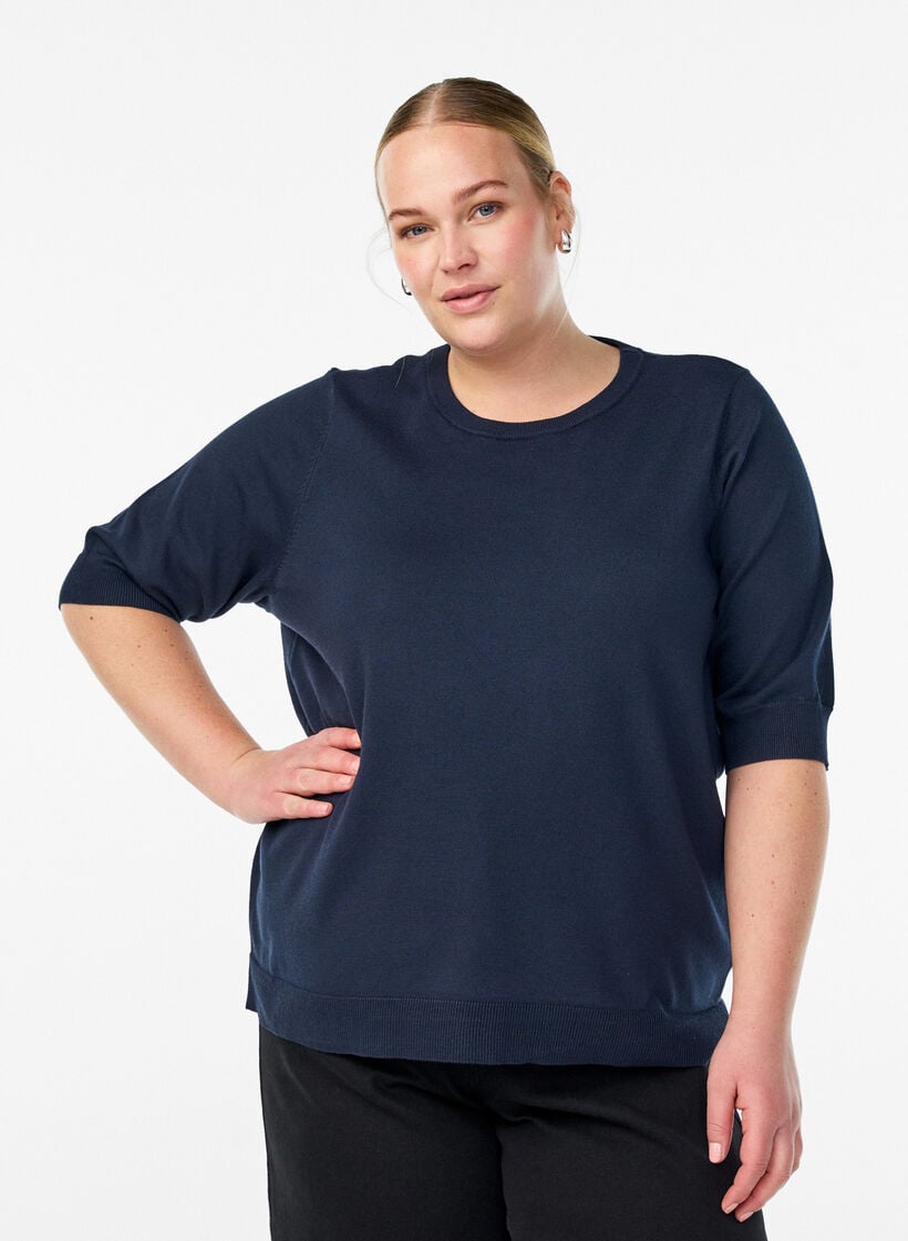 Fine-knit blouse with short sleeves, Blue, Model image number 0