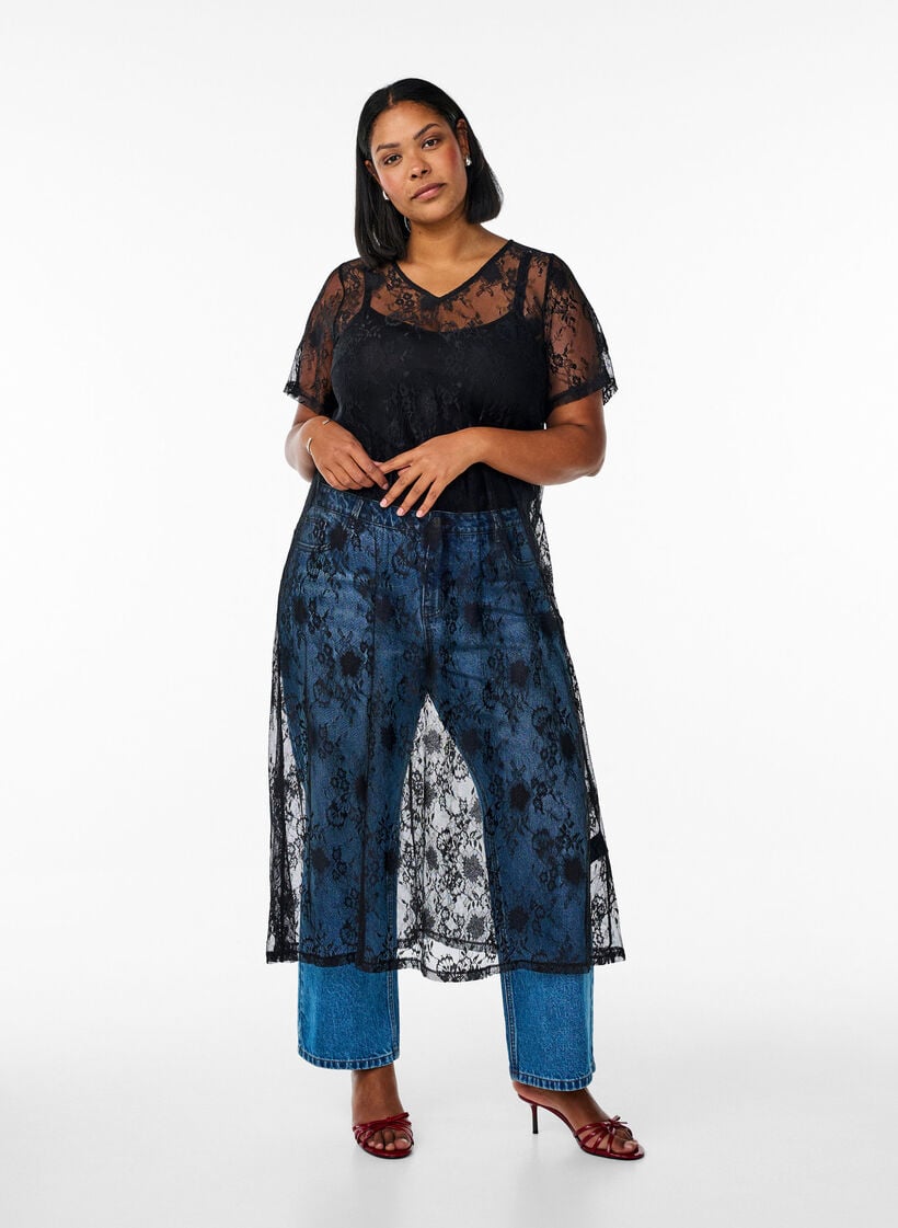 Midi-length lace dress with A-line shape, Black, Model image number 0