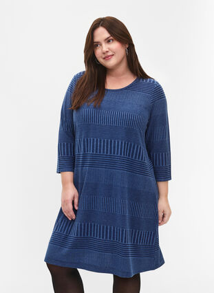 Dress with 3/4 sleeves and striped pattern, Estate Blue Melange, Model image number 0