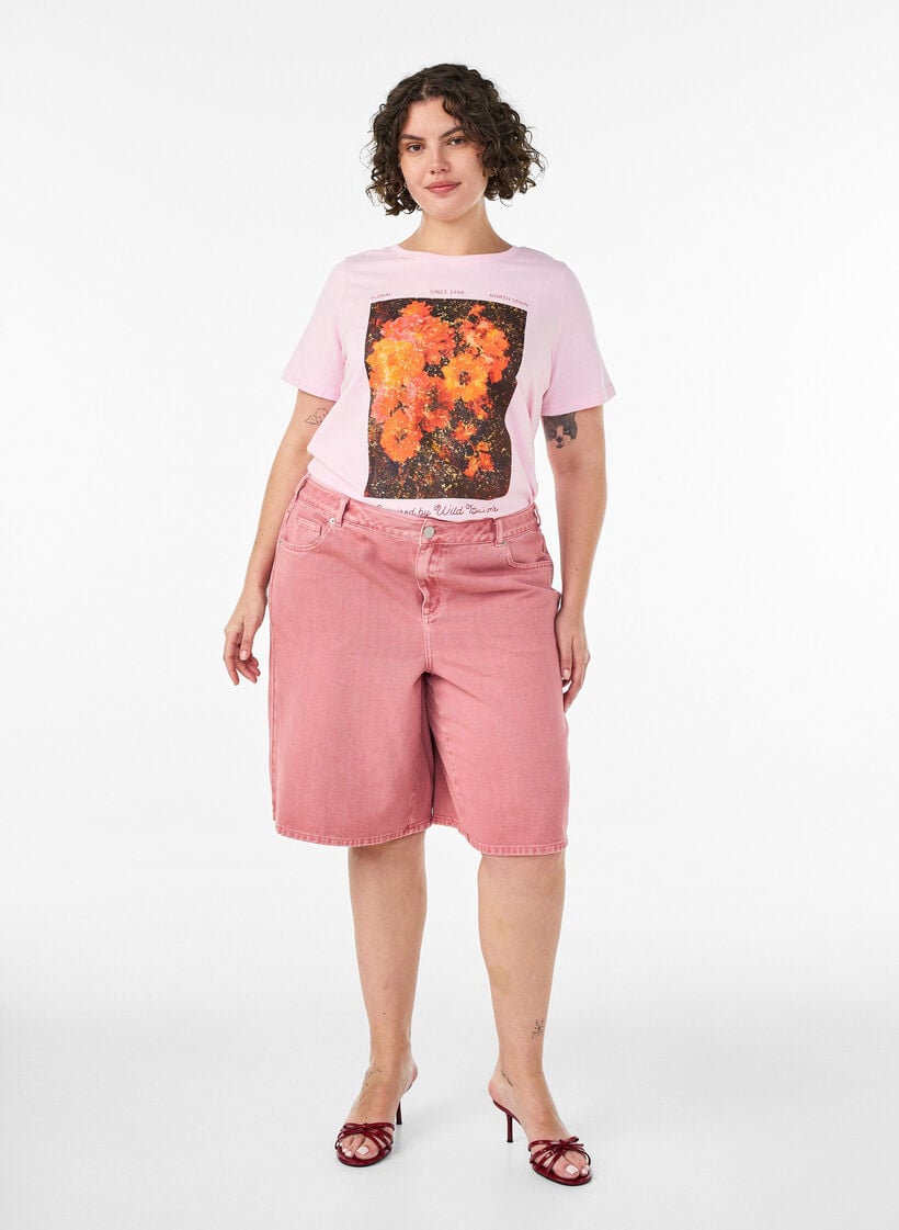 Cotton T-shirt with front print, Rose, Model image number 1