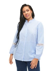 Shirt blouse with ruffle collar and crochet band, Marina W. Stripe, Model
