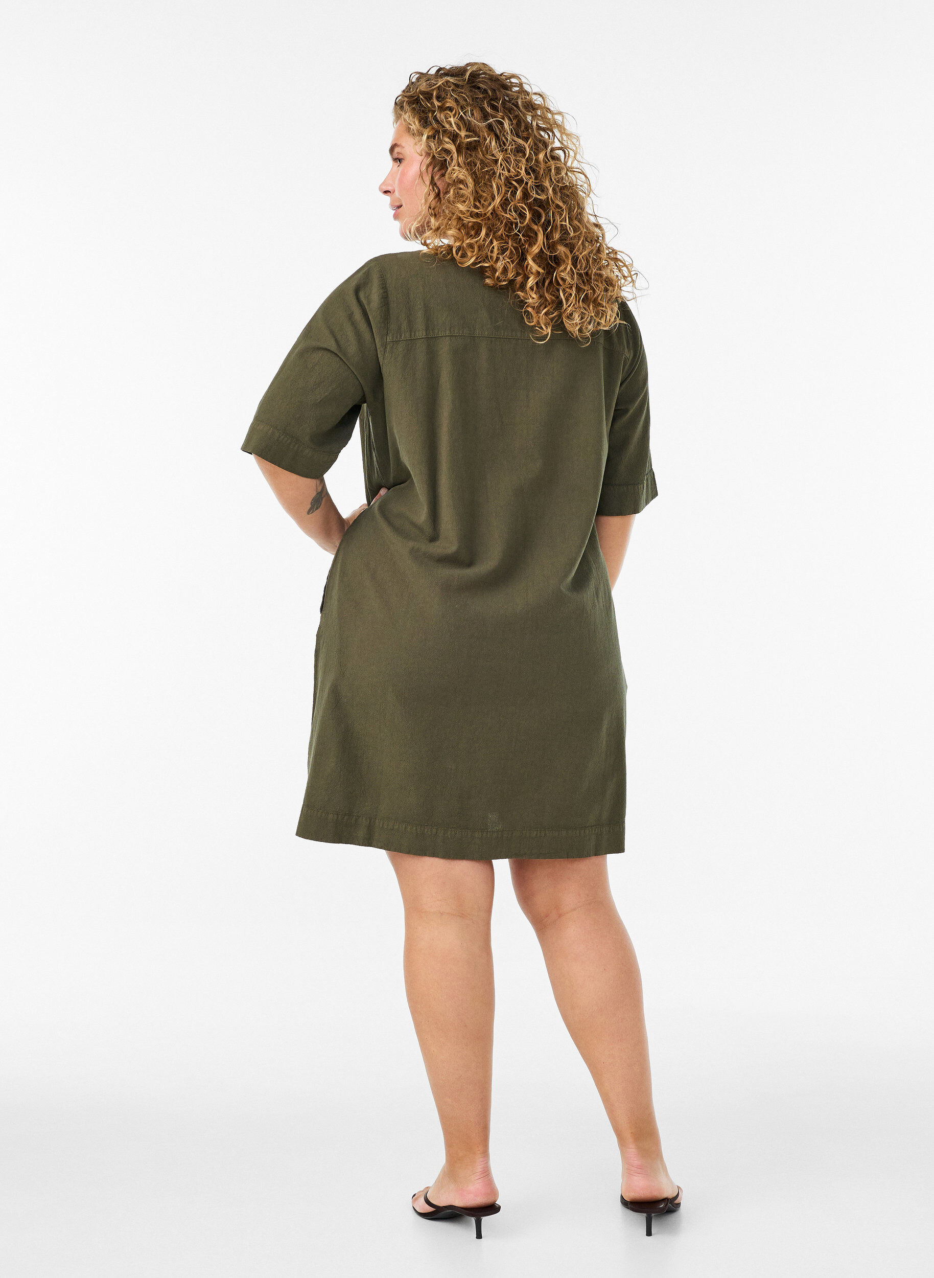 ZizzifashionCotton dress with short sleeves and pockets, Green, Model image number 2
