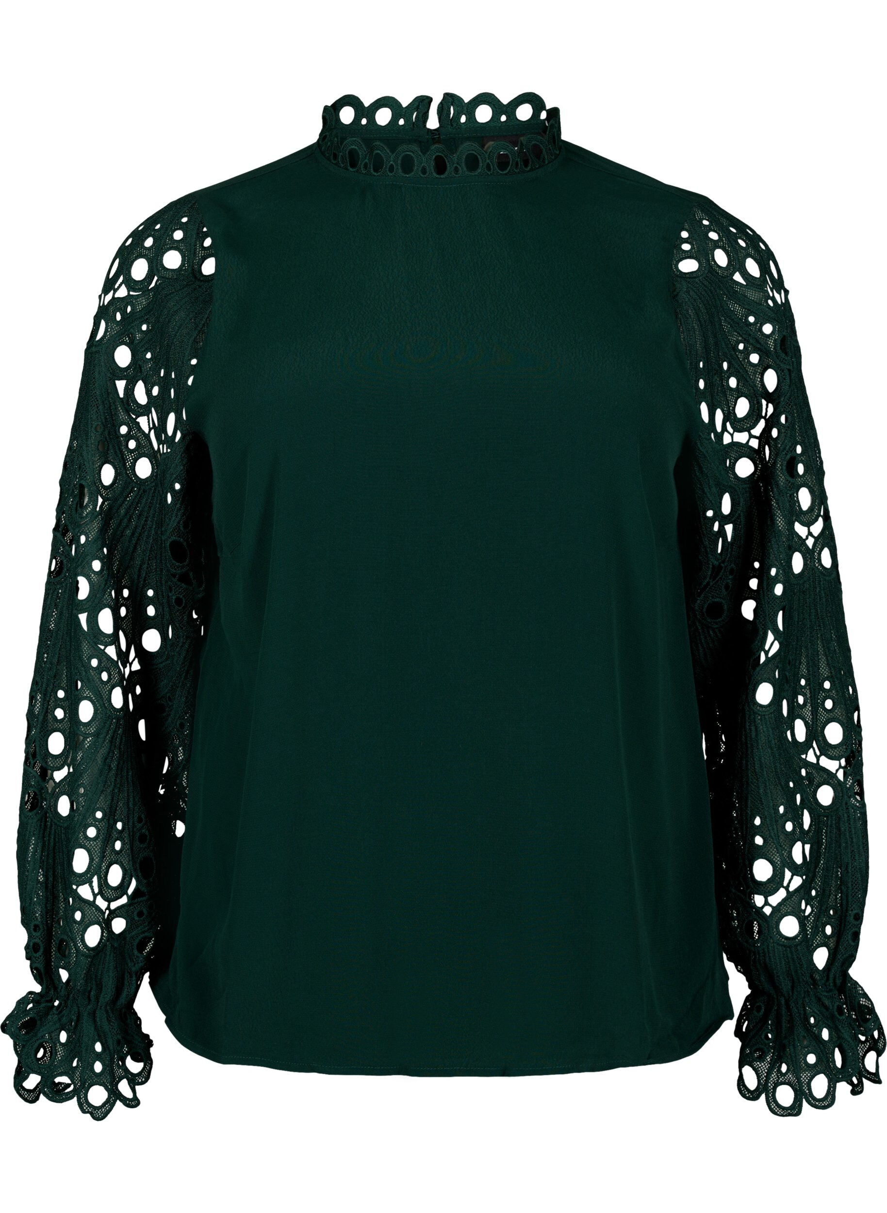 Zizzifashion Viscose blouse with crochet sleeves, Scarab, Packshot image number 0