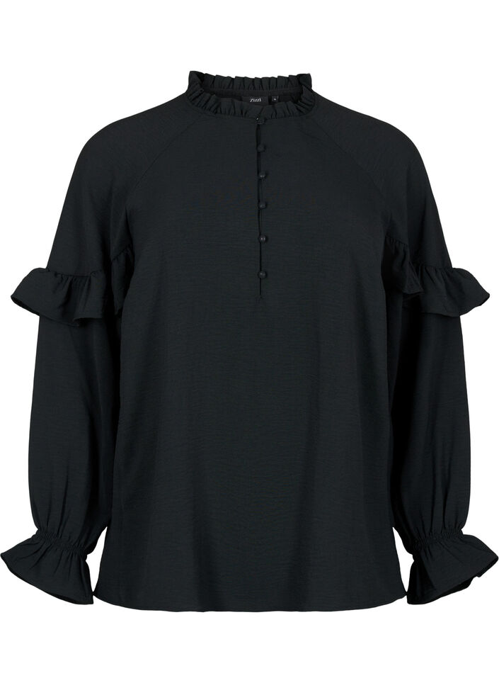 Blouse with ruffles and buttons, Black, Packshot image number 0