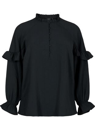 Blouse with ruffles and buttons, Black, Packshot image number 0