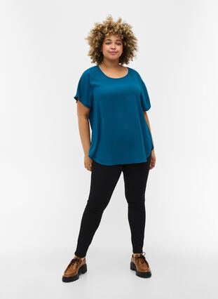 Blouse with short sleeves and a round neckline, Moroccan Blue, Model image number 2