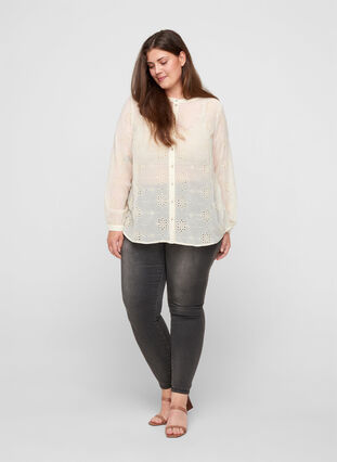 Blouse with buttons and broderie anglaise, Beige as sample, Model image number 2