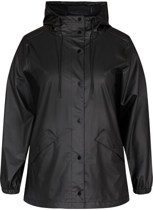 Short rain jacket with hood and button fastening, Black, Packshot image number 0