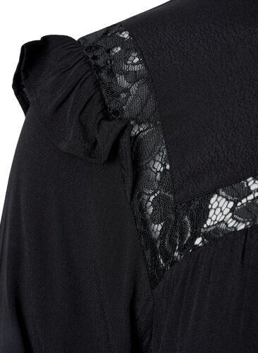 Viscose blouse with frills and lace, Black, Packshot image number 3