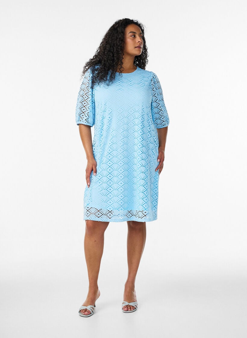 Knee-length dress with eyelet pattern and short sleeves, Light Blue, Model image number 1