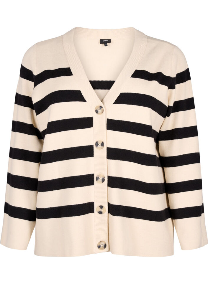 Striped knitted cardigan with V-neck, Birch w. Black, Packshot image number 0