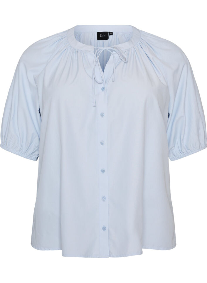 Shirt blouse with button fastening and tie-belt, Light Blue, Packshot image number 0