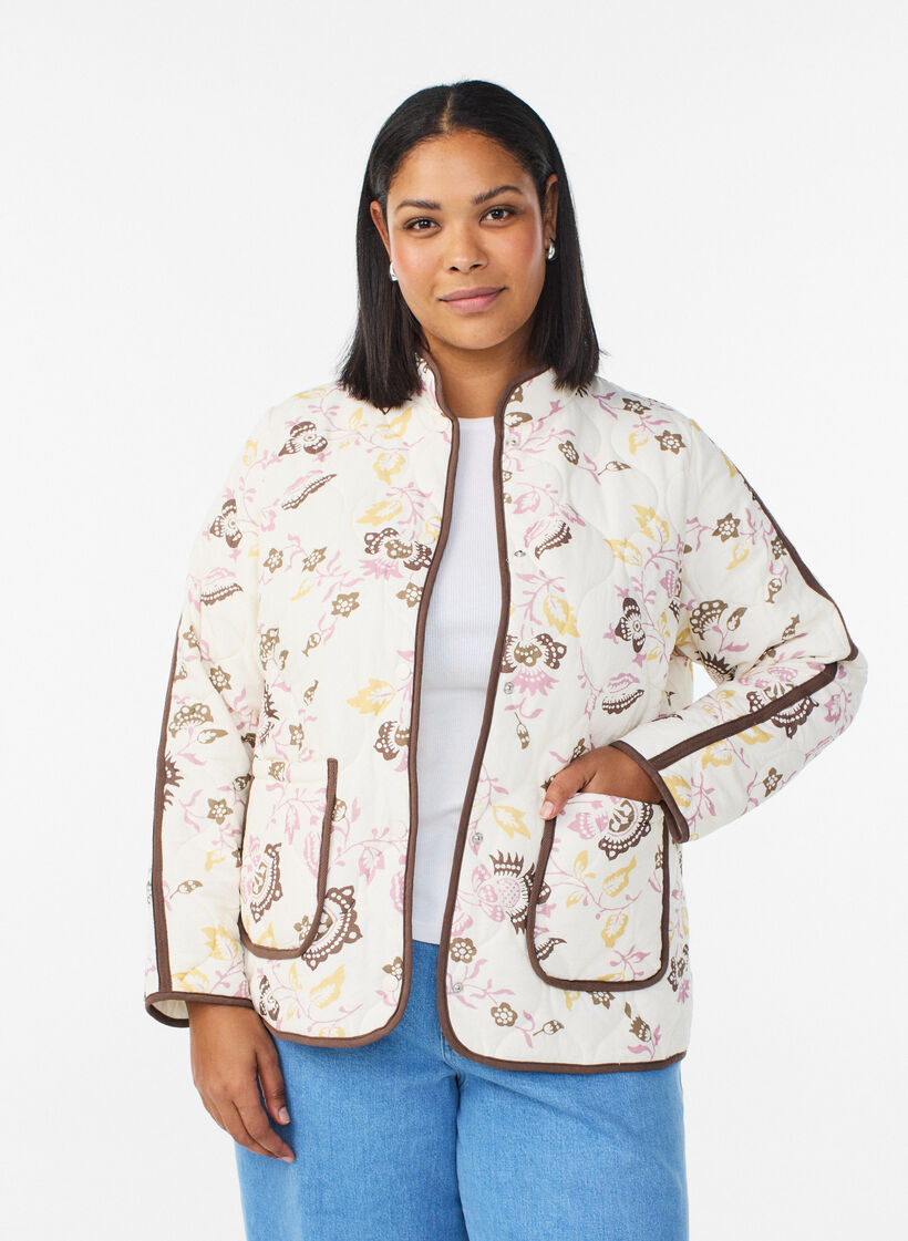 Quilted jacket with buttons and floral print, Beige, Model image number 0