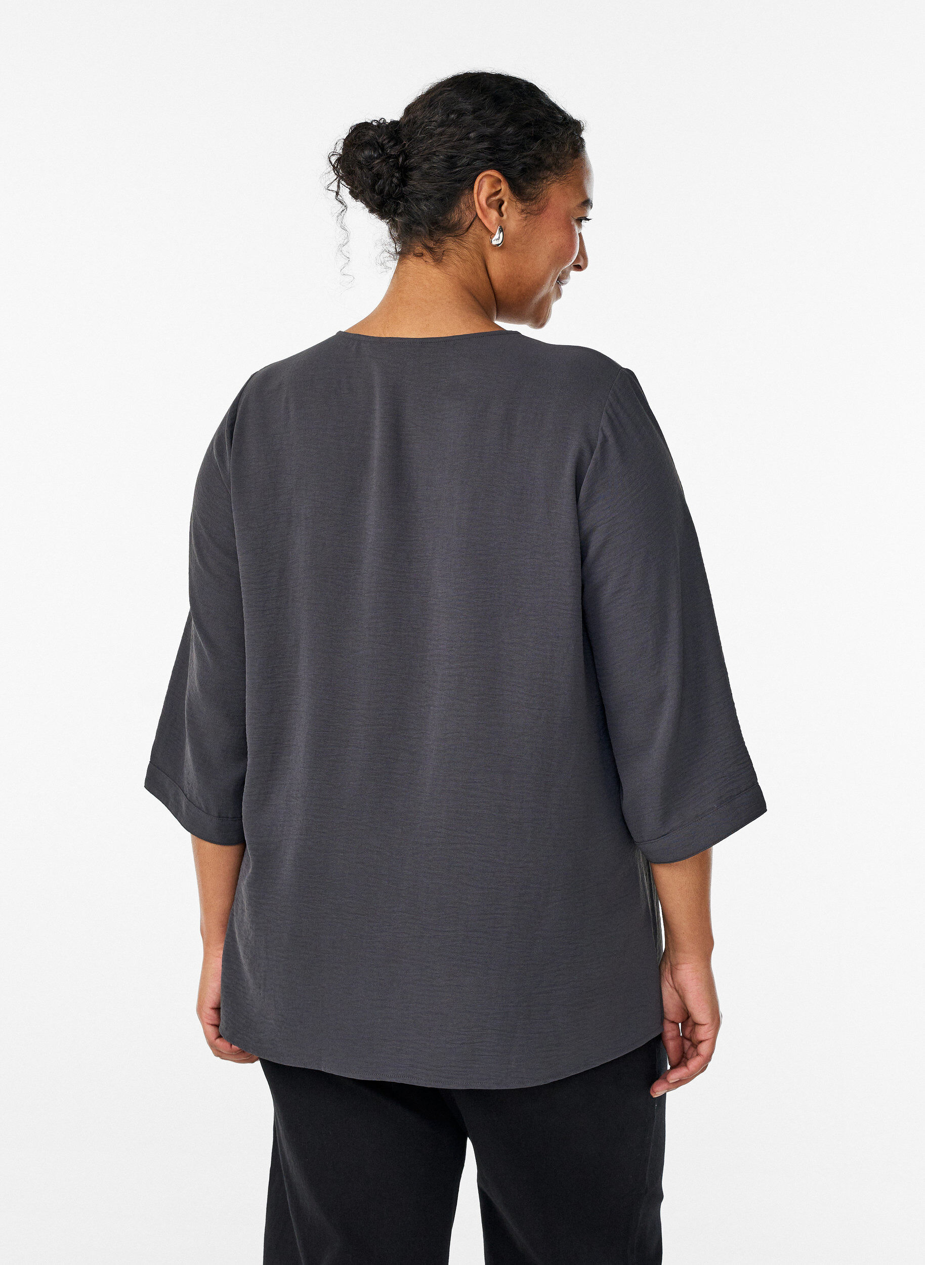 Zizzifashion Shirt blouse with V-neck and 3/4 sleeves, Dark Grey, Model image number 2