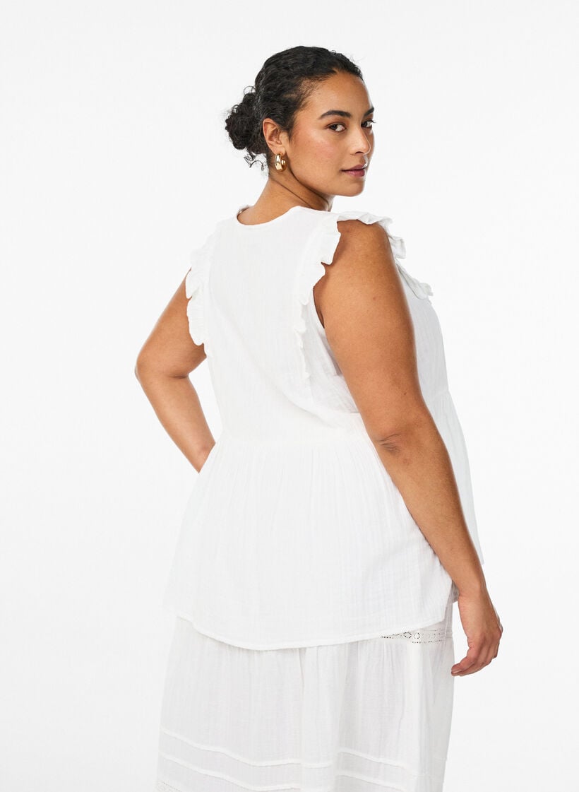 Sleeveless cotton muslin blouse with ruffles, White, Model image number 2