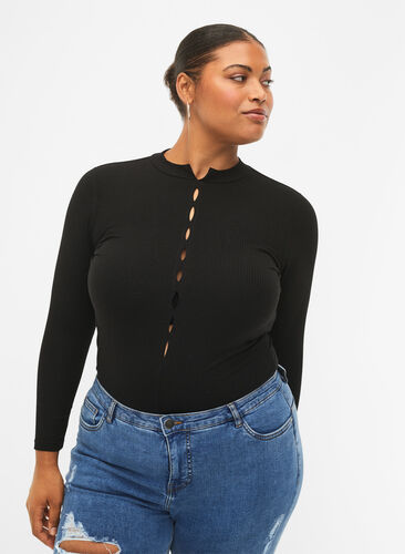 Long sleeve ribbed blouse with hole details, Black, Model image number 0