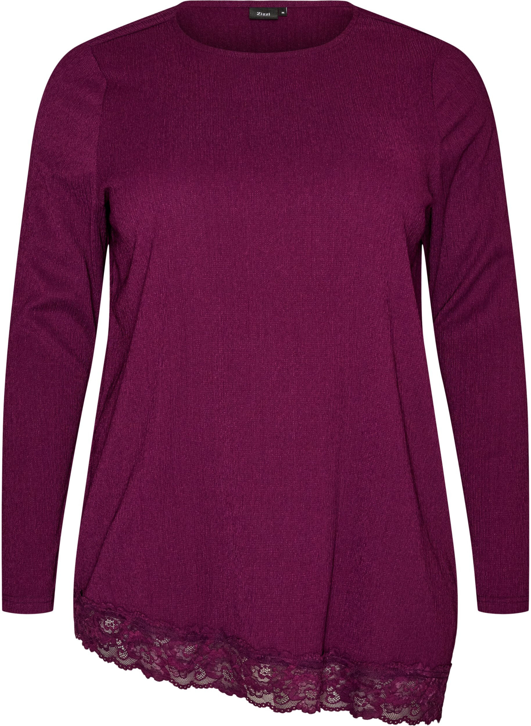 ZizzifashionJersey blouse with asymmetrical lace trim, Purple, Packshot image number 0