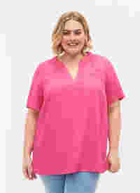 Short-sleeved viscose blouse with v-neck, Shocking Pink, Model