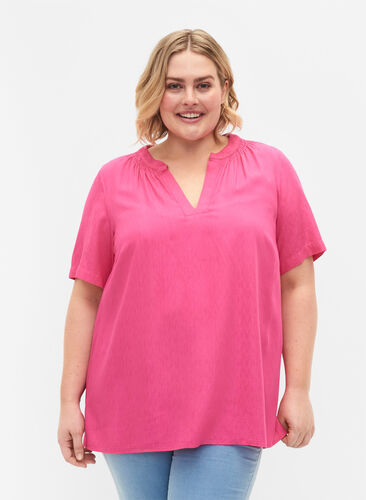 Short-sleeved viscose blouse with v-neck, Shocking Pink, Model image number 0