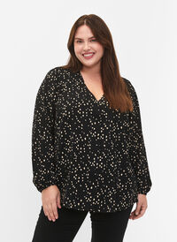 Shirt blouse with v-neck and print, Black Dot AOP, Model