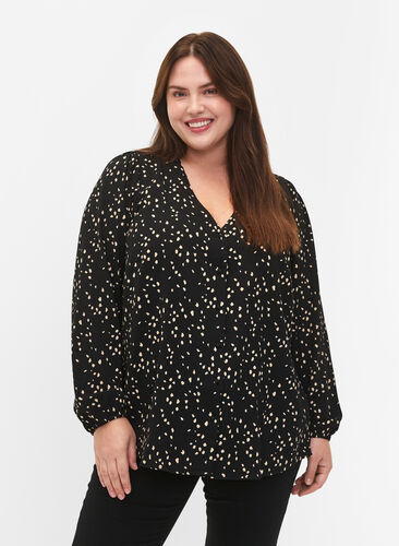 Shirt blouse with v-neck and print, Black Dot AOP, Model image number 0